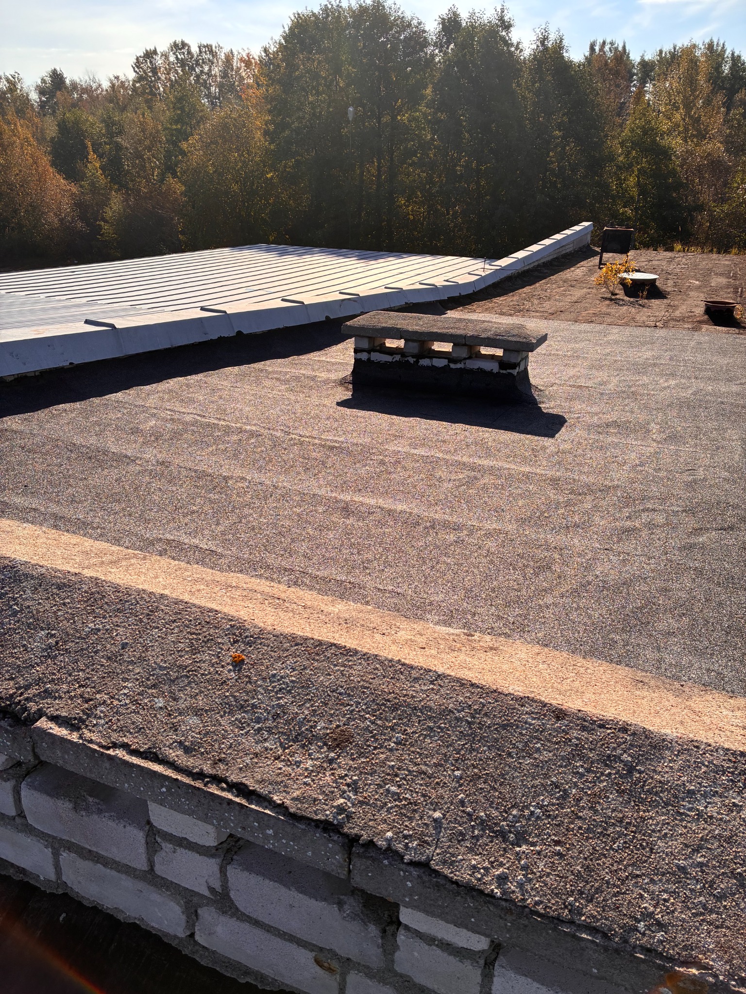Before renovation: cracked and deteriorated bituminous roof surface