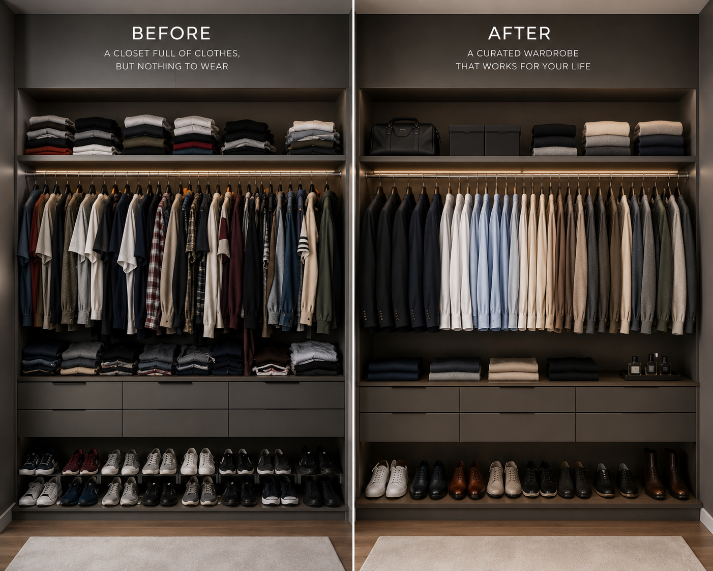 Men's wardrobe before and after a purposeful style system