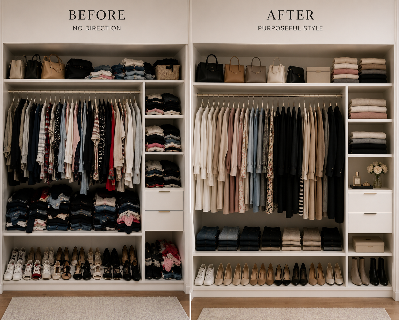 Women's wardrobe before and after a purposeful style system